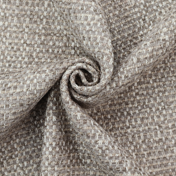 The material features a dense, multi-toned weave with a cool taupe and light brown base, intricately interlaced with horizontal flecks of cream and off-white threads throughout.