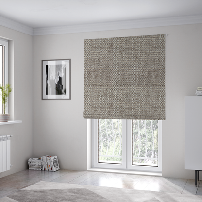The fabric used to create these Roman blinds is a material features a dense, multi-toned weave with a cool taupe and light brown base, intricately interlaced with horizontal flecks of cream and off-white threads throughout