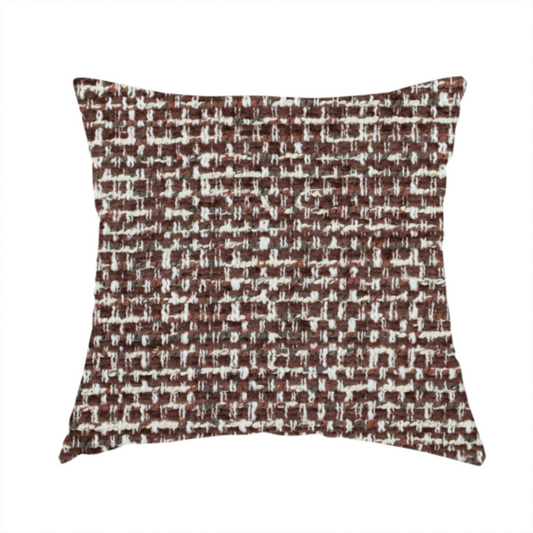 The fabric used to create this handmade cushion is a material features a dense, multi-toned weave with a deep chocolate brown base, intricately interlaced with prominent horizontal flecks of crisp white and dark charcoal grey threads throughout.