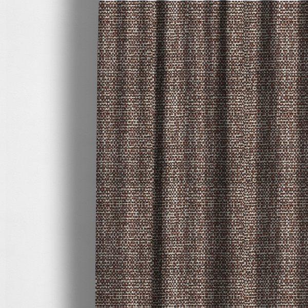 The fabric used to create these made-to-measure curtains is a material features a dense, multi-toned weave with a deep chocolate brown base, intricately interlaced with prominent horizontal flecks of crisp white and dark charcoal grey threads throughout.