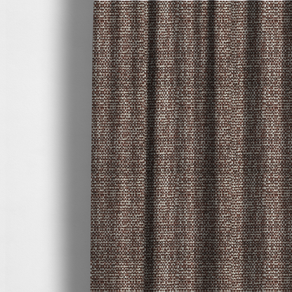 The fabric used to create these made-to-measure curtains is a material features a dense, multi-toned weave with a deep chocolate brown base, intricately interlaced with prominent horizontal flecks of crisp white and dark charcoal grey threads throughout.