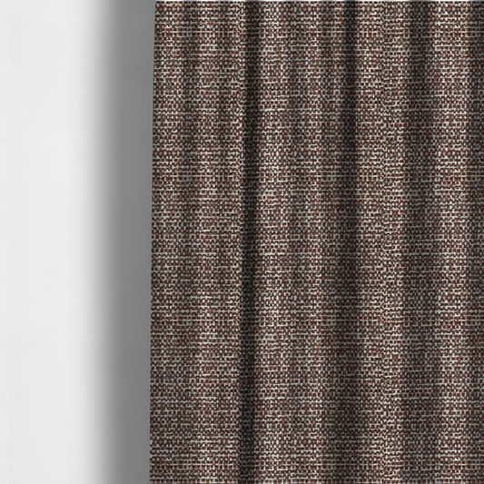The fabric used to create these made-to-measure curtains is a material features a dense, multi-toned weave with a deep chocolate brown base, intricately interlaced with prominent horizontal flecks of crisp white and dark charcoal grey threads throughout.