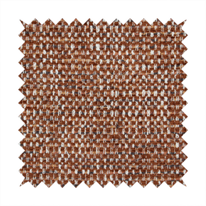 The material features a dense, multi-toned weave with a warm rust orange and terracotta base, intricately interlaced with prominent horizontal flecks of crisp white and dark charcoal brown threads throughout.