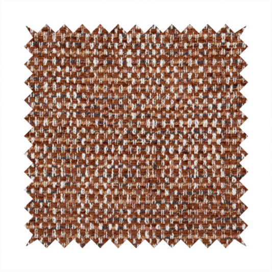 The material features a dense, multi-toned weave with a warm rust orange and terracotta base, intricately interlaced with prominent horizontal flecks of crisp white and dark charcoal brown threads throughout.