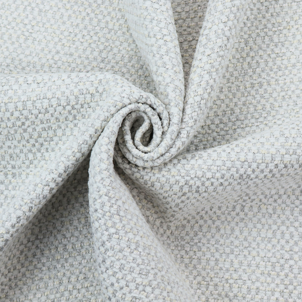 The material features a dense, multi-toned neutral weave with a pale grey and silver-toned base, intricately interlaced with horizontal flecks of soft cream and off-white threads throughout.