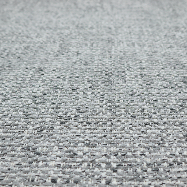 The material features a dense, multi-toned weave with a mid-grey base, intricately interlaced with horizontal flecks of crisp white and dark charcoal grey threads throughout.