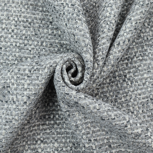The material features a dense, multi-toned weave with a mid-grey base, intricately interlaced with horizontal flecks of crisp white and dark charcoal grey threads throughout.