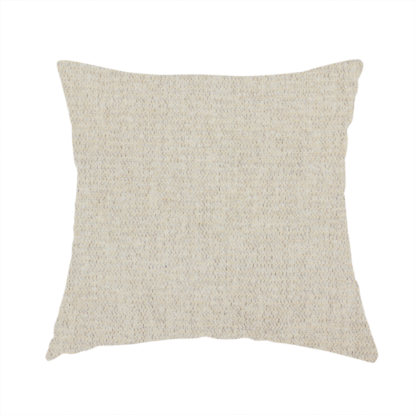 The fabric used to create this handmade cushion is a beige or oatmeal woven fabric with a fine, textured basket weave pattern.
