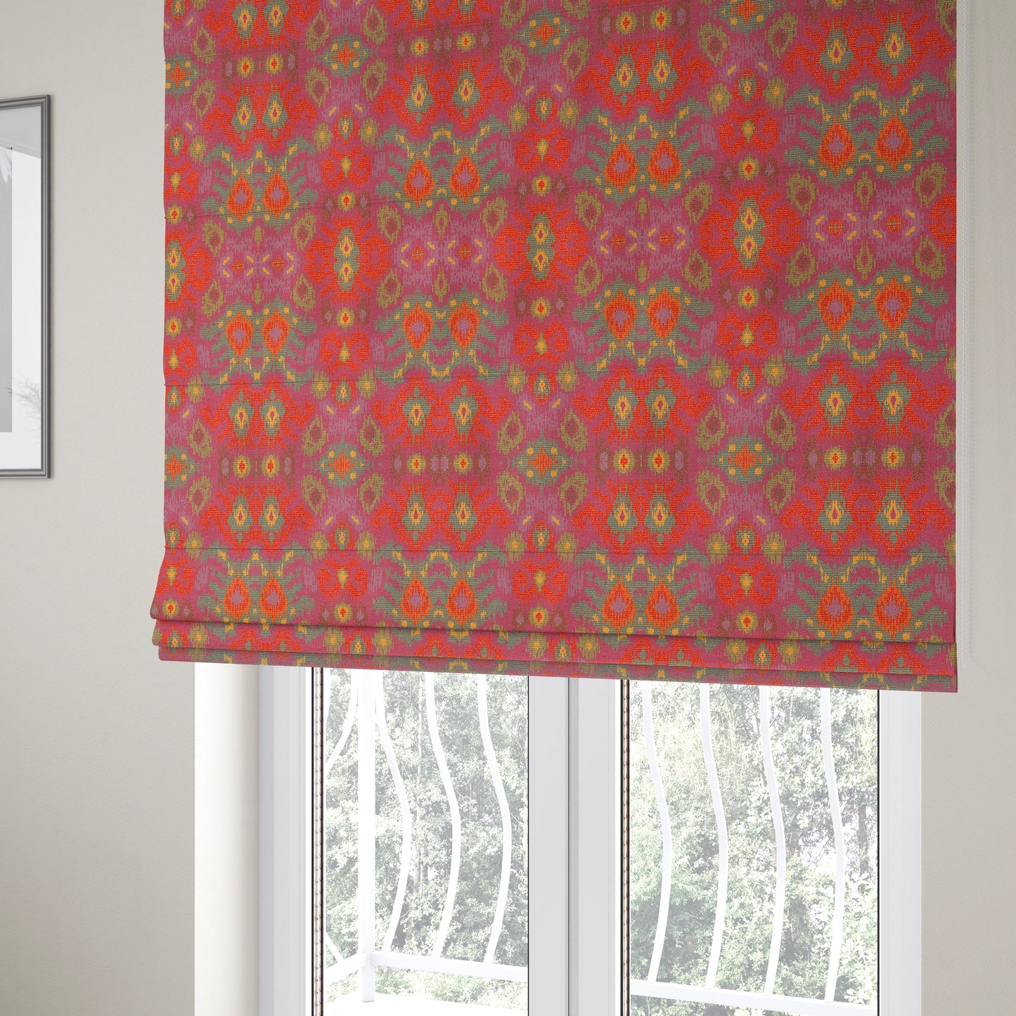 Lombok Collection Of Damask Ikat Pattern Heavyweight Chenille Pink Colour Upholstery Fabric CTR-366 - Roman Blinds