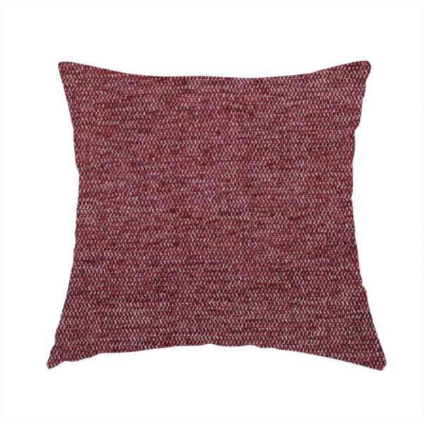 The fabric used to create this handmade cushion is a rich burgundy red woven fabric with a fine, heathered texture.
