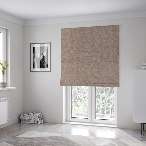 The fabric used to create these Roman blinds is a fine, woven upholstery fabric in a rich, warm taupe or brown tone, featuring a consistent and textured surface pattern.