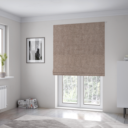 The fabric used to create these Roman blinds is a fine, woven upholstery fabric in a rich, warm taupe or brown tone, featuring a consistent and textured surface pattern.
