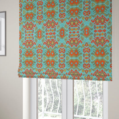 Lombok Collection Of Damask Ikat Pattern Heavyweight Chenille Burgundy Teal Colour Upholstery Fabric CTR-369 - Roman Blinds