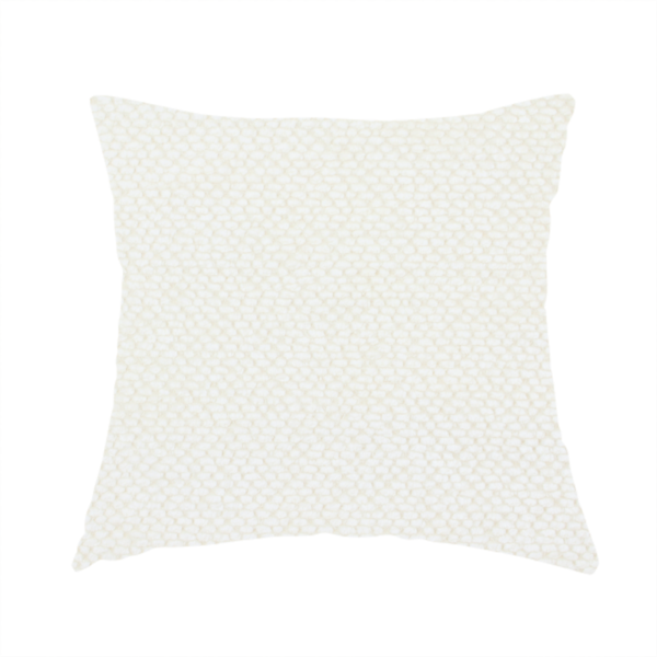 The fabric used to create this handmade cushion is a cream or off-white fabric. The material features a dense, uniform, boucle-style weave, characterized by small, looped, and nubby yarn fibres that create a soft, textured surface appearance.