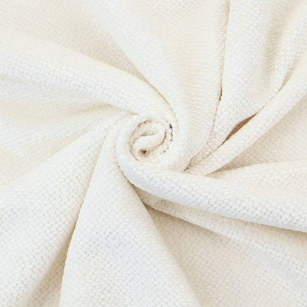 This image shows a close-up, high-resolution texture of a cream or off-white fabric. The material features a dense, uniform, boucle-style weave, characterized by small, looped, and nubby yarn fibres that create a soft, textured surface appearance.