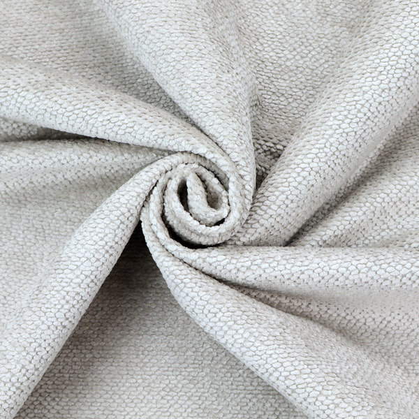 A light, neutral-toned upholstery fabric. It features the same signature dense, uniform, boucle-style weave as the previous samples, composed of small, looped, and nubby yarn fibres that provide a soft, tactile, and inviting surface.