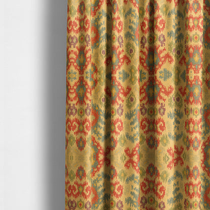 Lombok Collection Of Damask Ikat Pattern Heavyweight Chenille Burgundy Yellow Colour Upholstery Fabric CTR-370 - Made To Measure Curtains