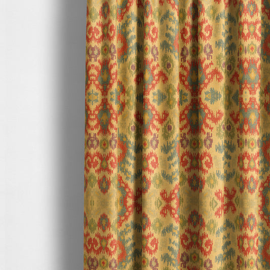 Lombok Collection Of Damask Ikat Pattern Heavyweight Chenille Burgundy Yellow Colour Upholstery Fabric CTR-370 - Made To Measure Curtains