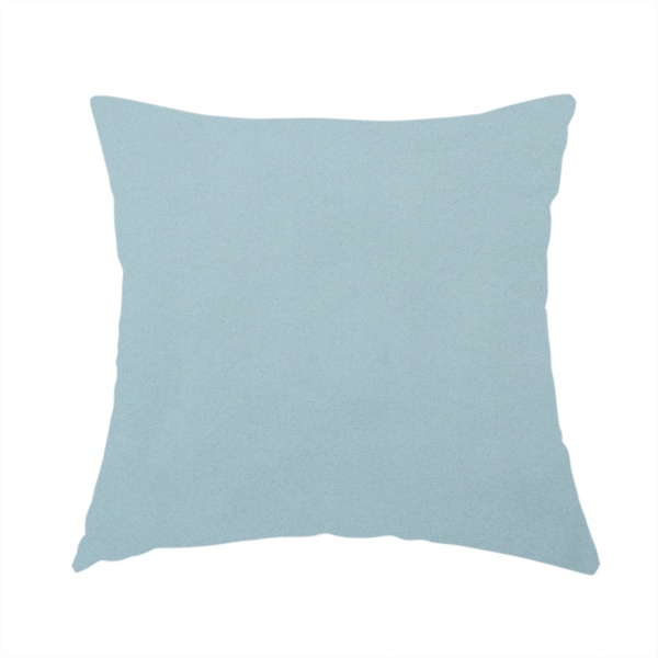The fabric used to create this handmade cushion is a plain, solid light blue-coloured Hallstatt faux leather fabric texture with a smooth, fine finish.