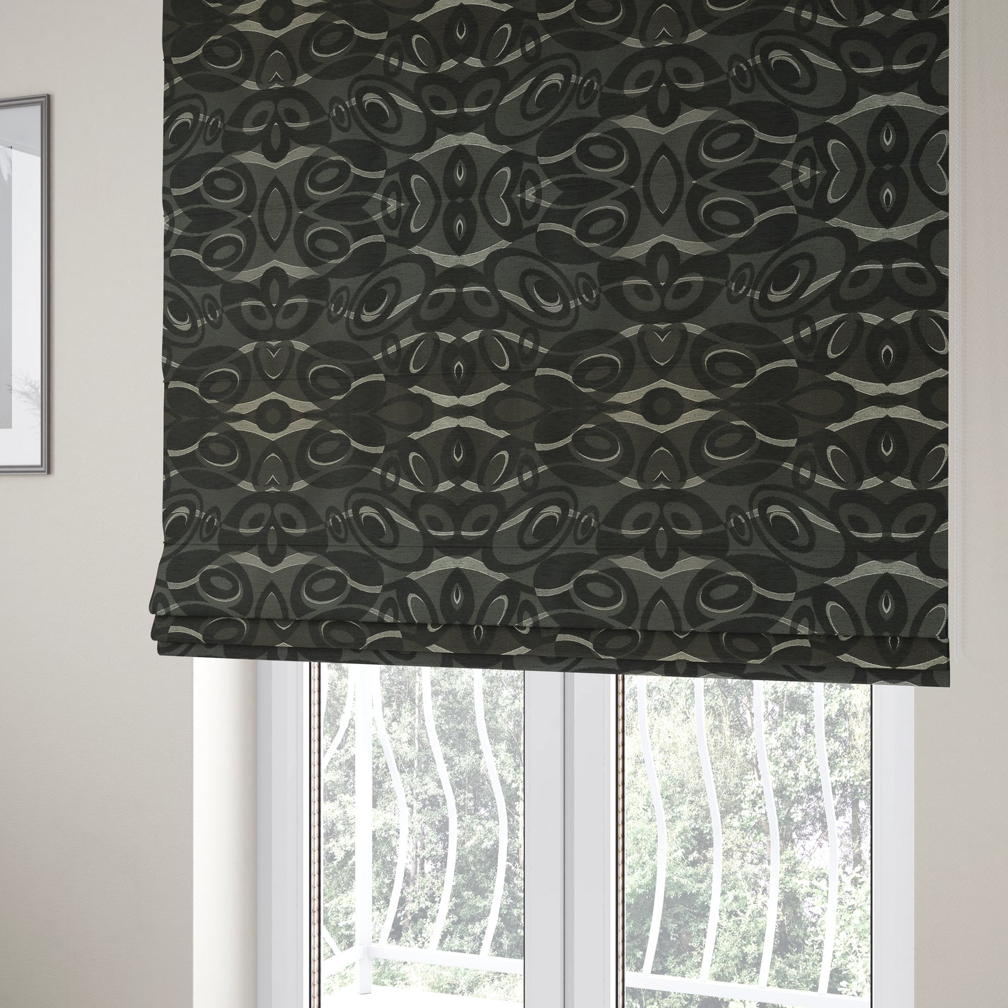 Japura Collection Of Shiny Swirl Pattern Weaves In Black Silver Chenille Colour Upholstery Fabric CTR-372 - Roman Blinds