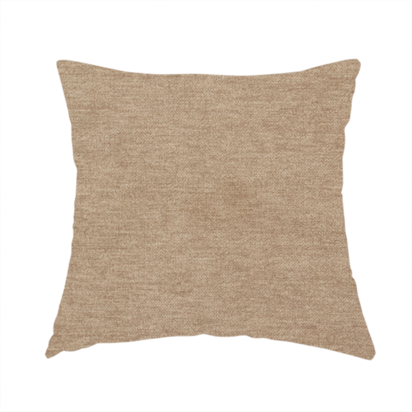 The fabric used to create this handmade cushion is a solid light brown or taupe woven textile with a fine, subtle textured weave.