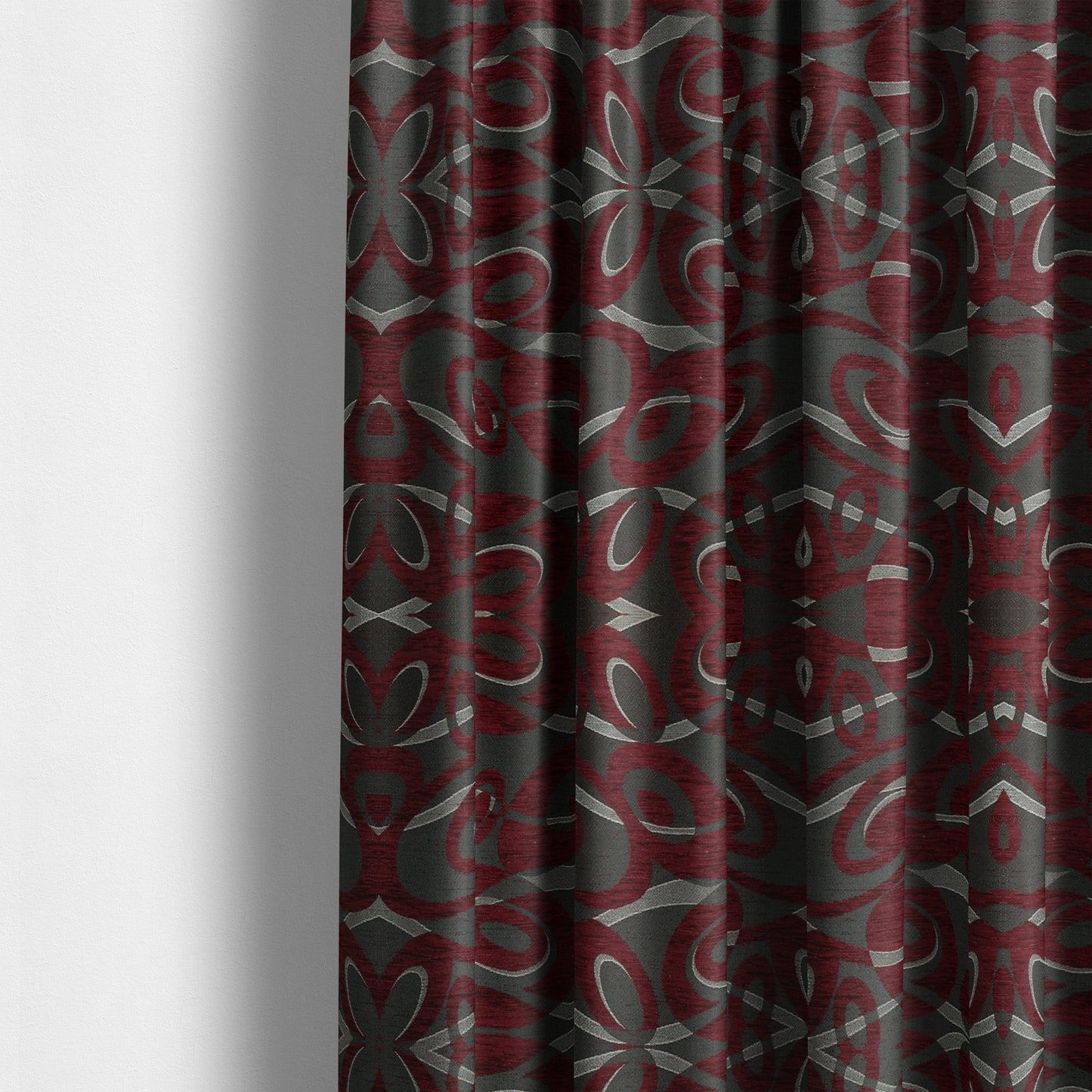 Japura Collection Of Shiny Swirl Pattern Weaves In Burgundy Silver Chenille Colour Upholstery Fabric CTR-374 - Made To Measure Curtains