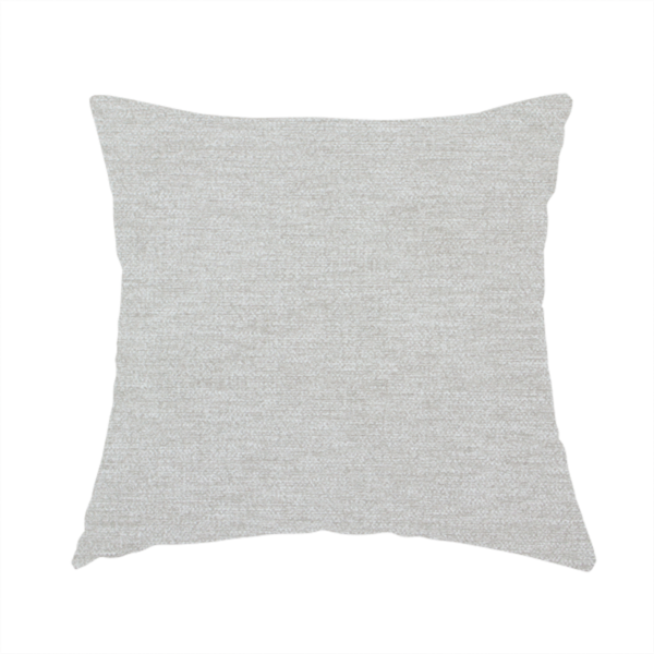 The fabric used to create this handmade cushion is a light grey or silver woven textile with a fine, subtle textured weave.