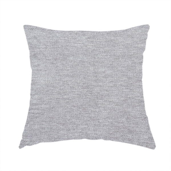 The fabric used to create this handmade cushion is a medium grey or silver-grey woven textile with a fine, subtle textured weave.