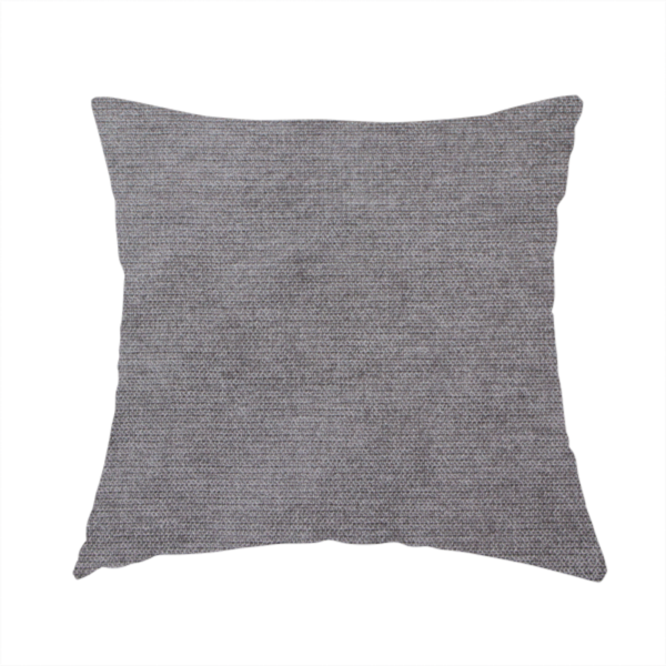 The fabric used to create this handmade cushion is a textured, medium grey woven upholstery fabric.