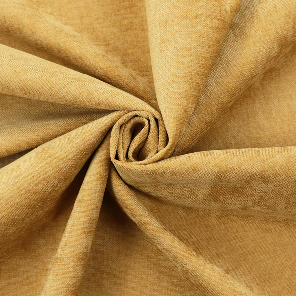 A textured, golden yellow or mustard woven upholstery fabric.