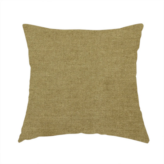 The fabric used to create this handmade cushion is a textured, olive green or muted bronze woven upholstery fabric.