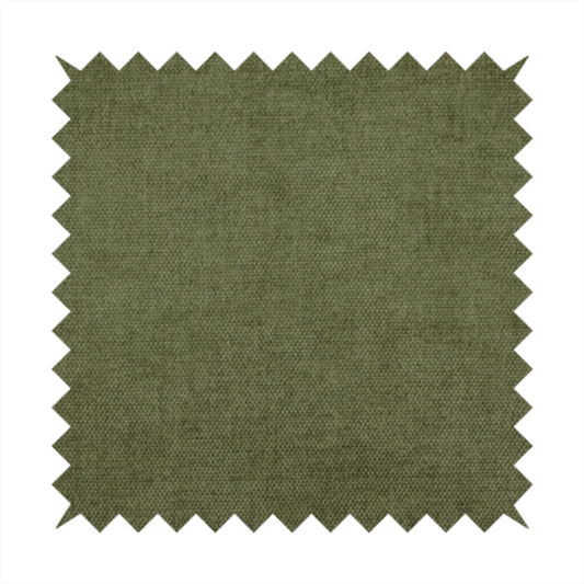 A textured, deep sage green or moss green woven upholstery fabric.