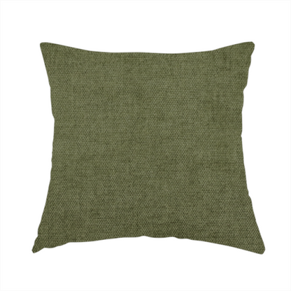 The fabric used to create this handmade cushion is a textured, deep sage green or moss green woven upholstery fabric.