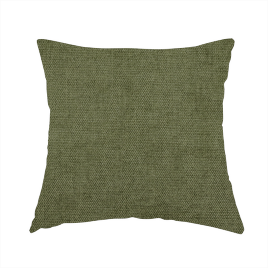 The fabric used to create this handmade cushion is a textured, deep sage green or moss green woven upholstery fabric.