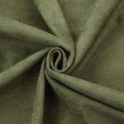 A textured, deep sage green or moss green woven upholstery fabric.