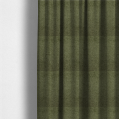 The fabric used to create these made-to-measure curtains is a textured, deep sage green or moss green woven upholstery fabric.