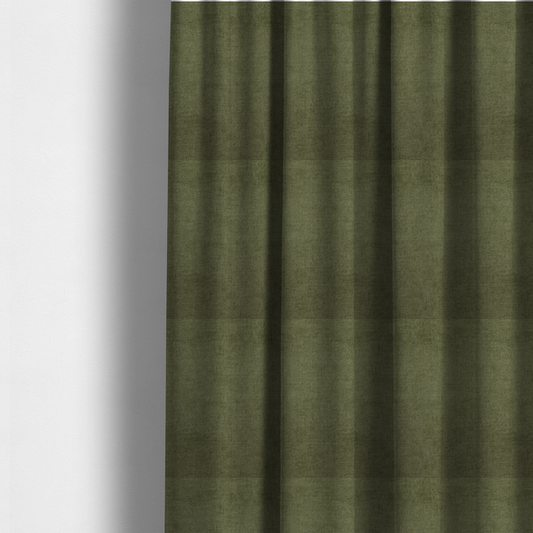 The fabric used to create these made-to-measure curtains is a textured, deep sage green or moss green woven upholstery fabric.