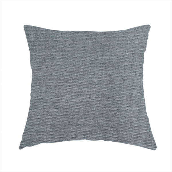 The fabric used to create this handmade cushion is a textured, medium grey or steel grey woven upholstery fabric.