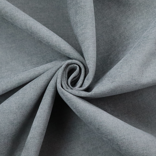 A textured, medium grey or steel grey woven upholstery fabric.