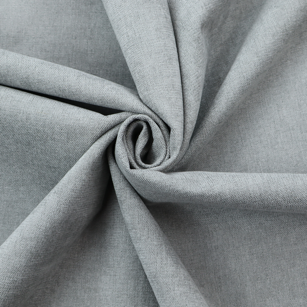 A textured, light grey or silver grey woven upholstery fabric.