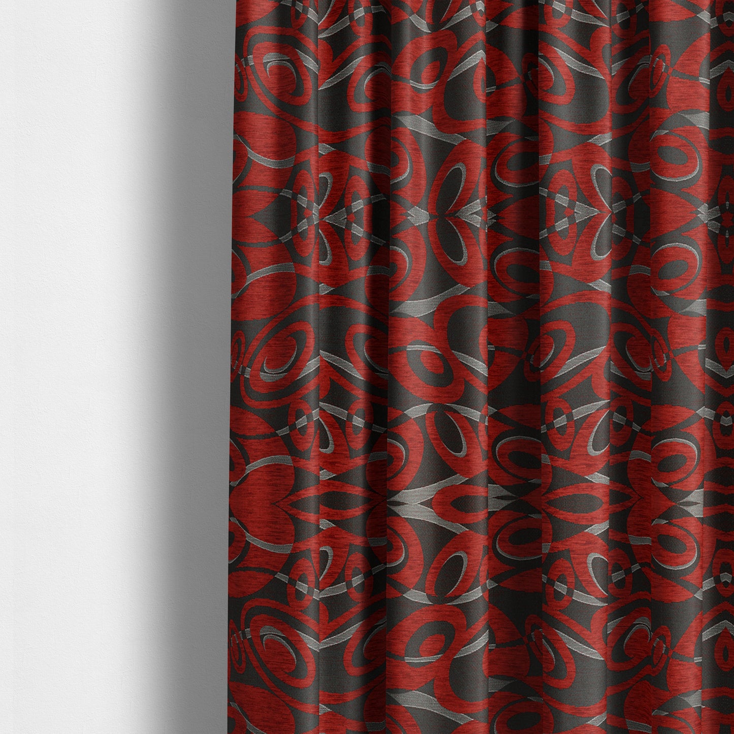 Japura Collection Of Shiny Swirl Pattern Weaves In Red Silver Chenille Colour Upholstery Fabric CTR-379 - Made To Measure Curtains