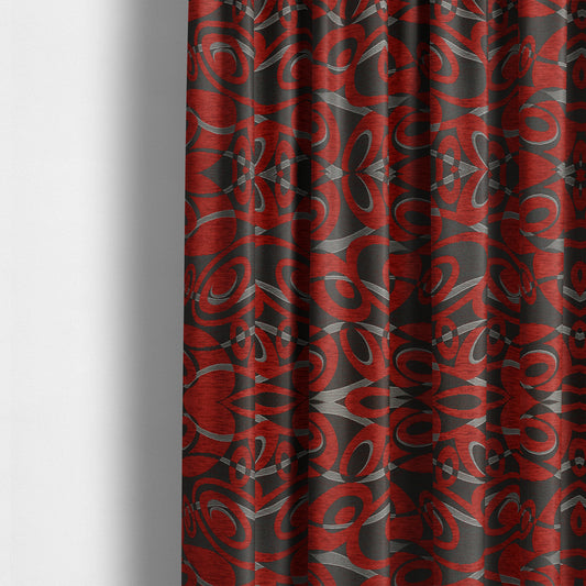 Japura Collection Of Shiny Swirl Pattern Weaves In Red Silver Chenille Colour Upholstery Fabric CTR-379 - Made To Measure Curtains