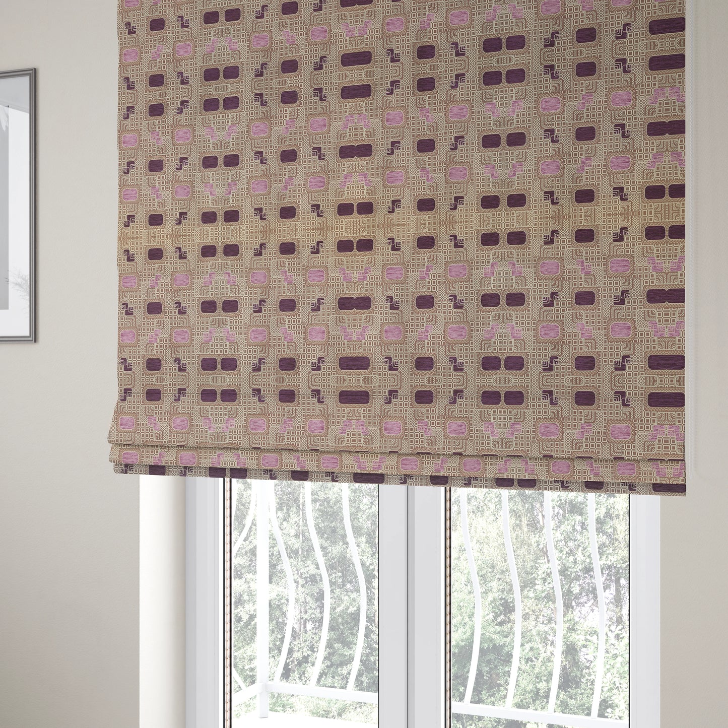 Carousel Geometric Pattern Collection Pink Purple Colour Woven Chenille Upholstery Fabric CTR-384 - Roman Blinds