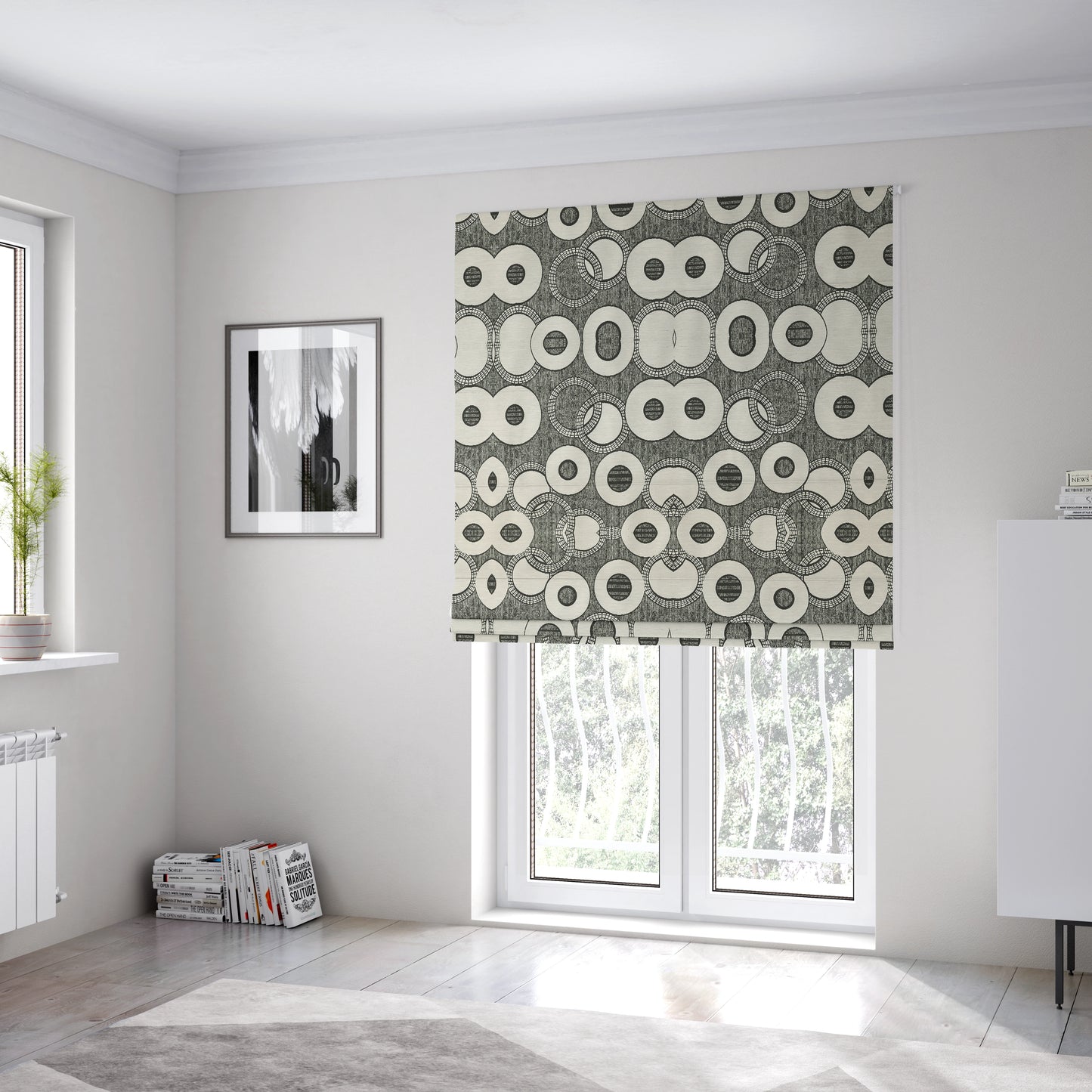 Solitaire Collection Soft Chenille Circular Pattern Black Grey Colour Upholstery Fabric CTR-386 - Roman Blinds