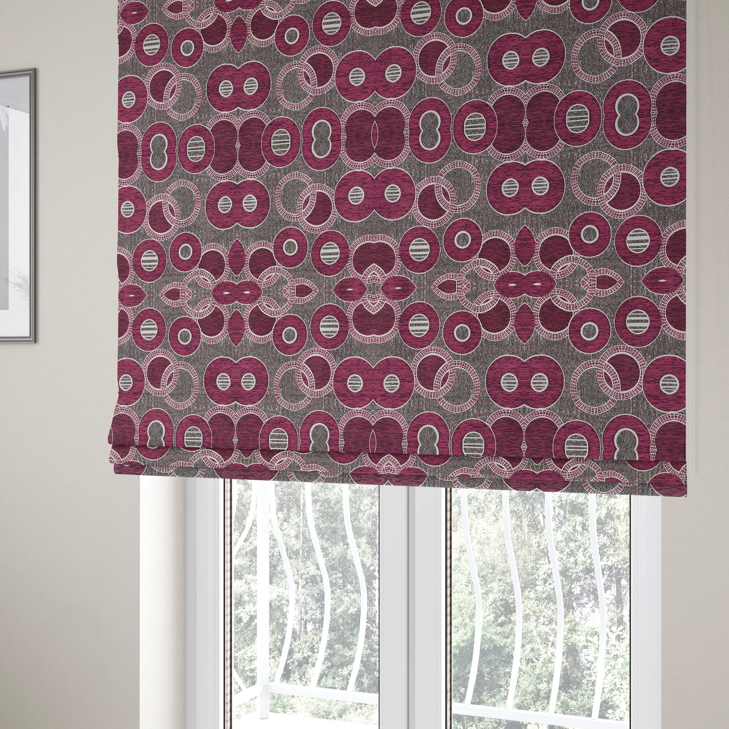 Solitaire Collection Soft Chenille Circular Pattern Pink Colour Upholstery Fabric CTR-387 - Roman Blinds