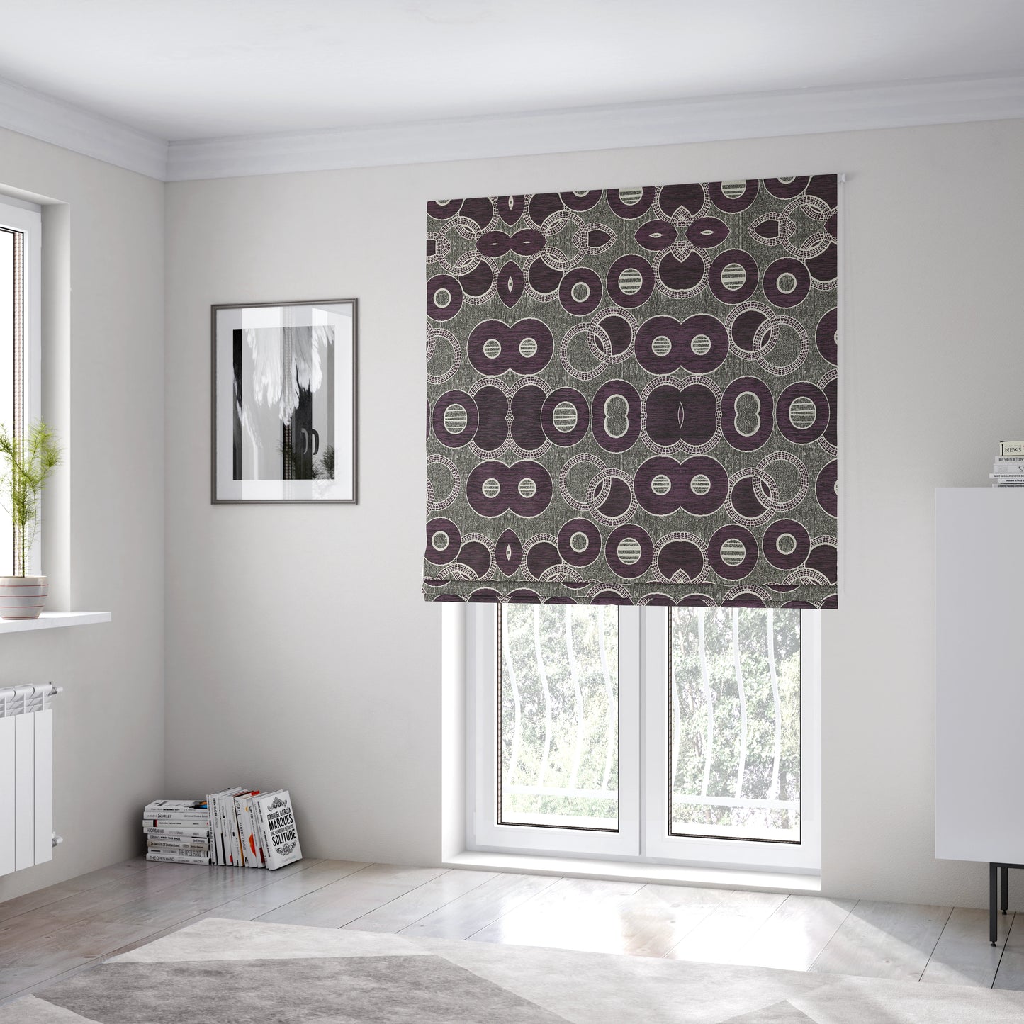 Solitaire Collection Soft Chenille Circular Pattern Purple Colour Upholstery Fabric CTR-388 - Roman Blinds