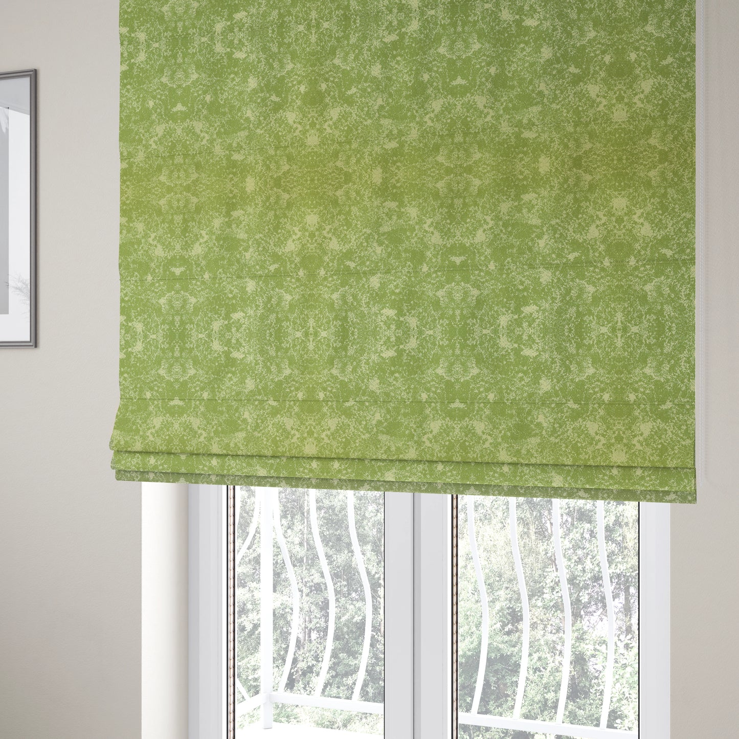 Mica Designer Fabrics Semi Plain Abstract Pattern Chenille Upholstery Fabric In Green Colour CTR-394 - Roman Blinds