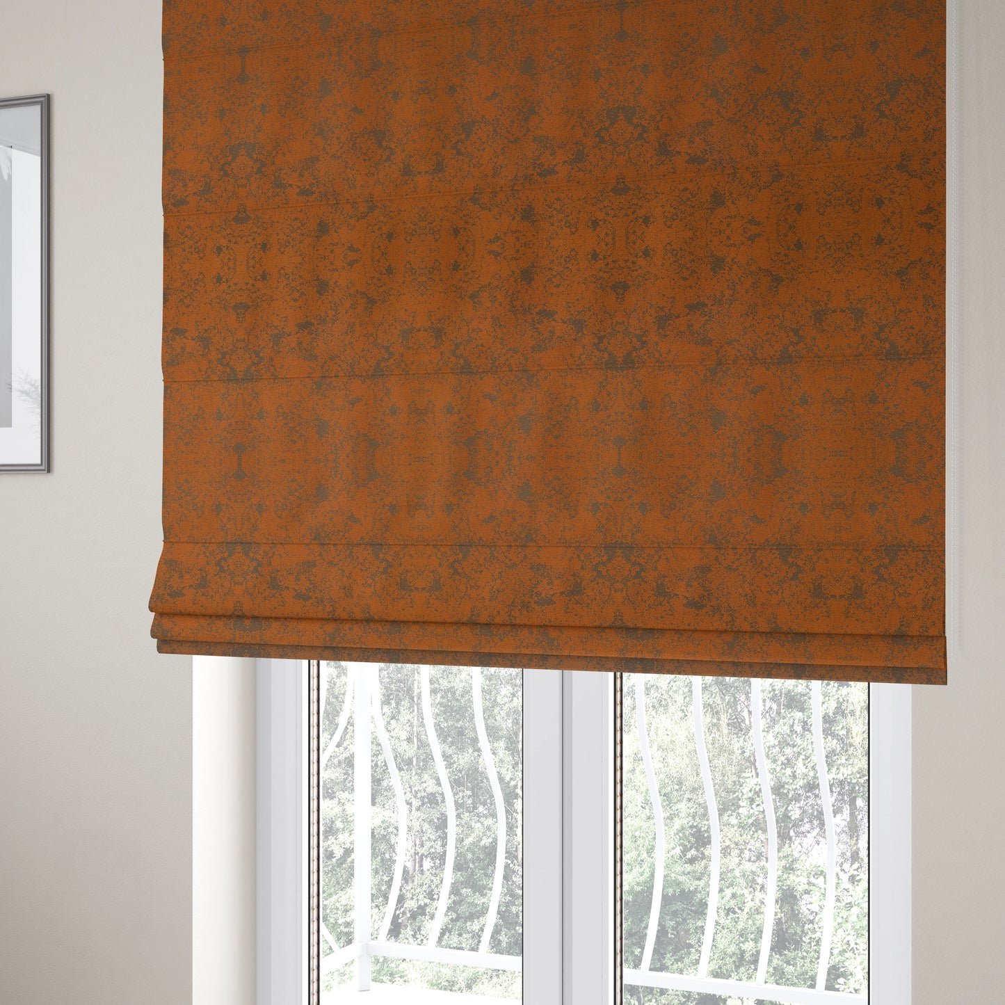 Mica Designer Fabrics Semi Plain Abstract Pattern Chenille Upholstery Fabric In Orange Colour CTR-396 - Roman Blinds