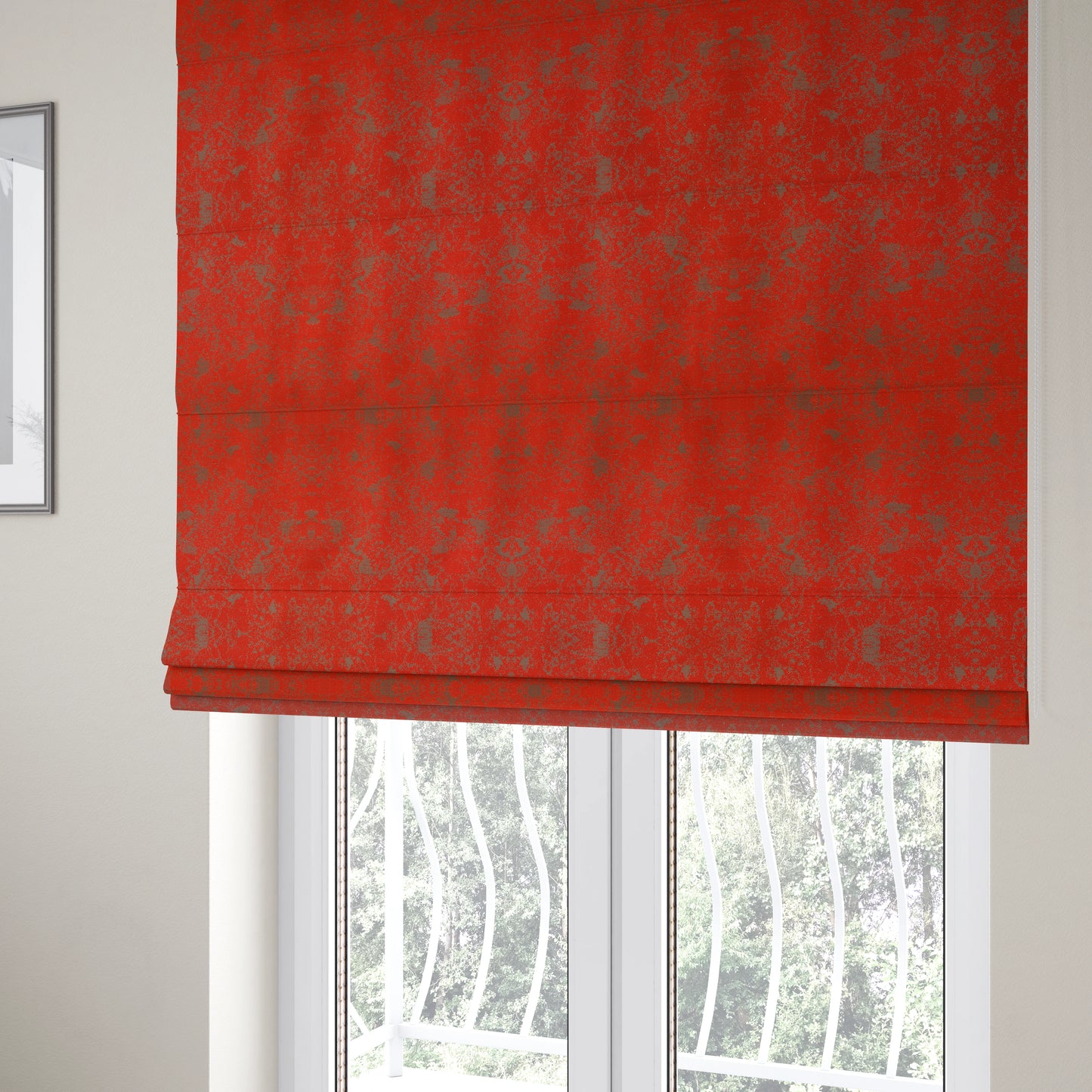 Mica Designer Fabrics Semi Plain Abstract Pattern Chenille Upholstery Fabric In Red Colour CTR-397 - Roman Blinds