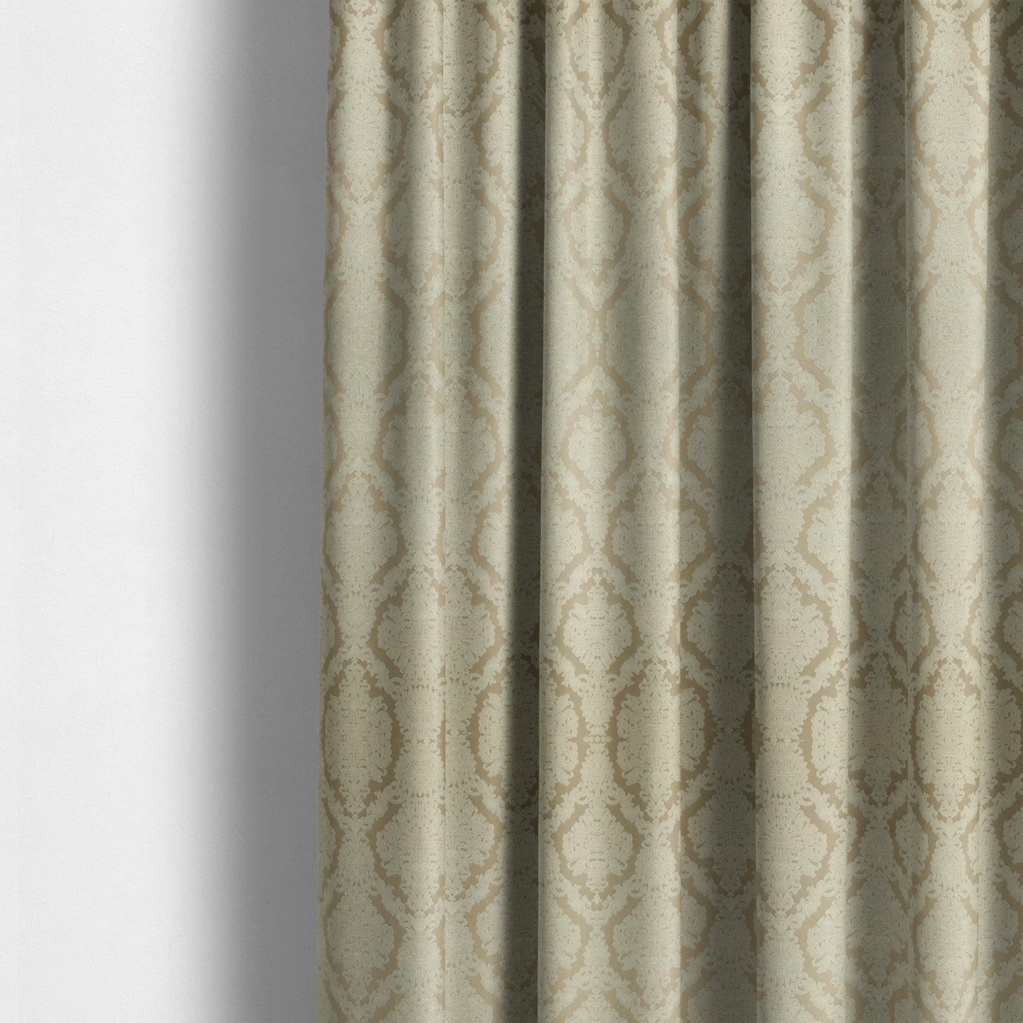 Elstow Damask Pattern Collection In Textured Embroidery Effect Chenille Upholstery Fabric In Beige Colour CTR-413 - Made To Measure Curtains